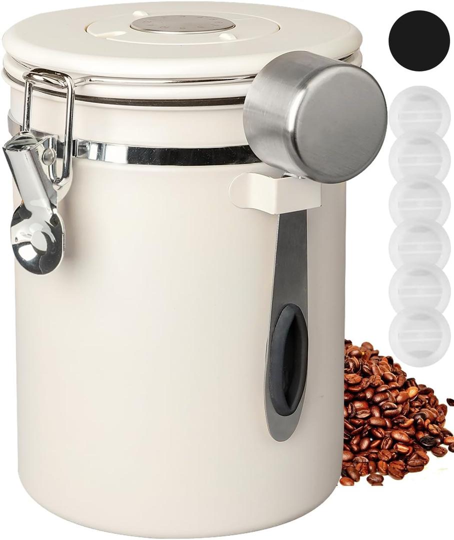 INFTYLE Coffee Canister with Airtight Lid, 22oz, 60 fl oz Cream, Stainless Steel Air Tight Lid Container with Date Tracker and Scoop Food Storage Jar for Grounds Coffee, Beans, Flour, Cereal