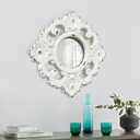 Handcarved Floral Wall Mirror Decoration, 11.8-inch Worn-Out White Country Wood Mirror, Used for Room Decoration, Home Decoration, Bedroom, Living Room, Bathroom, Kitchen