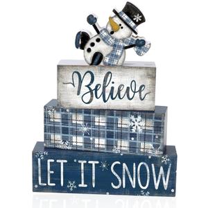 DIYDEC 4pcs Winter Wooden Table Signs - Christmas Snowman Wooden Block Signs Gift Rustic Xmas Tiered Tray Decor Winter Centerpiece Farmhouse Christmas Tabletop Home Party Decor