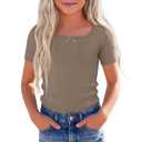 3 x Xaatren Girls Square Neck Short Sleeve T-Shirt, Khaki, 9-10 Years (Beige)