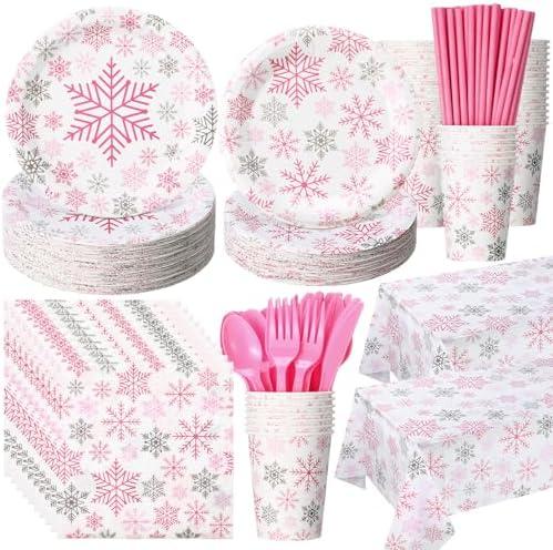 Funnymoom 452 Pcs Pink Snowflake Party Supplies Serves 50, Pink Snowflake Paper Plates Napkins Cups Tablecloth Cutlery Straws for Christmas Winter, Baby Shower Wonderland Birthday Party Decorations