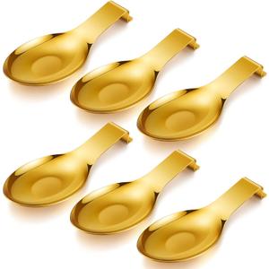 Nuanchu 6 Pcs Stainless Steel Spoon Rest Spatula Ladle Holder Spoon for Stove Top Heavy Duty Spatula Holder for Countertop Dishwasher Safe Utensil Rest for Kitchen, 3.8 x 9.6" (Gold)