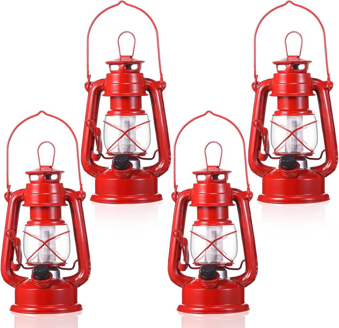 Hortsun Vintage LED Hurricane Lantern Metal Decorative Hanging Lantern Warm LEDs and Dimmer Switch Battery Operated for Indoor Outdoor Camping Usage Decor(4 Pcs,8 Inch)