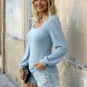 Womens Puff Long Sleeve Tops Square Neck Ribbed Knit Slim Fit Blouse Basic Tee Tops Elegant T Shirts (Blue, S)