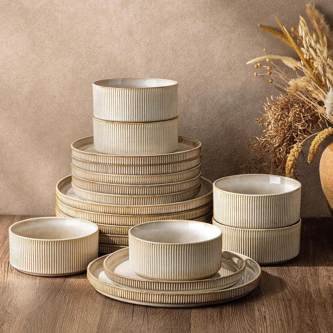 GBHOME 18-Piece Stoneware Dinnerware Set for 6 – Ribbed Ceramic Plates and Bowls, Scratch-Resistant, Microwave & Dishwasher Safe, Reactive Glaze, Cappuccino