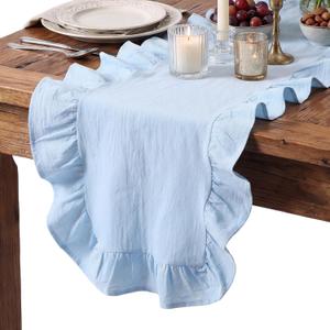 Oudain Dusty Blue Ruffle Table Runner Cotton Fabric 118 x 13.8'' Farmhouse Rustic Ruffled Edge Table Runner Wedding Decor for Spring Baby Shower Bridal Shower Party