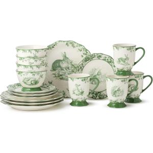 Le Jardin Bunny 16-Piece DINNERWARE SET, SERVICE FOR FOUR  Elegant Stoneware Plates, Bowls & Mugs for Springtime, Easter, Garden Parties & Everyday Charm  Scalloped Floral Toile Design