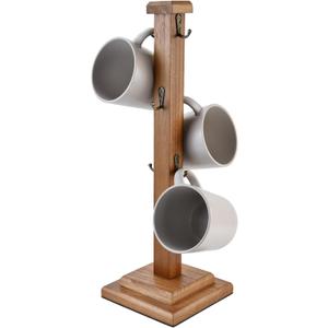 EMASION Rustic Coffee Mug Tree Stand, Solid Wood Holder for 6 Mugs, Space-Saving Kitchen Organizer, Stylish and Sturdy Cup Display Rack, Brown
