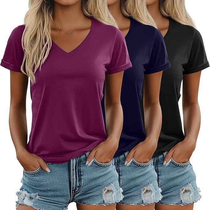 Ficerd 3 Pack Women's V Neck T Shirts, Summer Casual Short Sleeve Tops Loose Fit Rolled Sleeve Tees Trendy Shirts, M