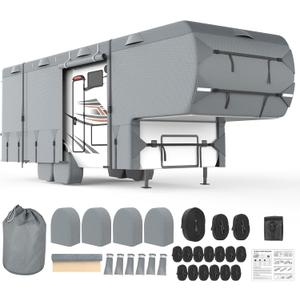 Mofeez 5th Wheel RV Cover 37-41ft, 7 Layers Top Extra-Thick Fifth Wheel Cover, Waterproof Windproof Anti-UV Rip-Stop Toy Hauler Camper Cover with 3Pcs Extra Straps, 6 Gutter Covers & 4 Tire Covers