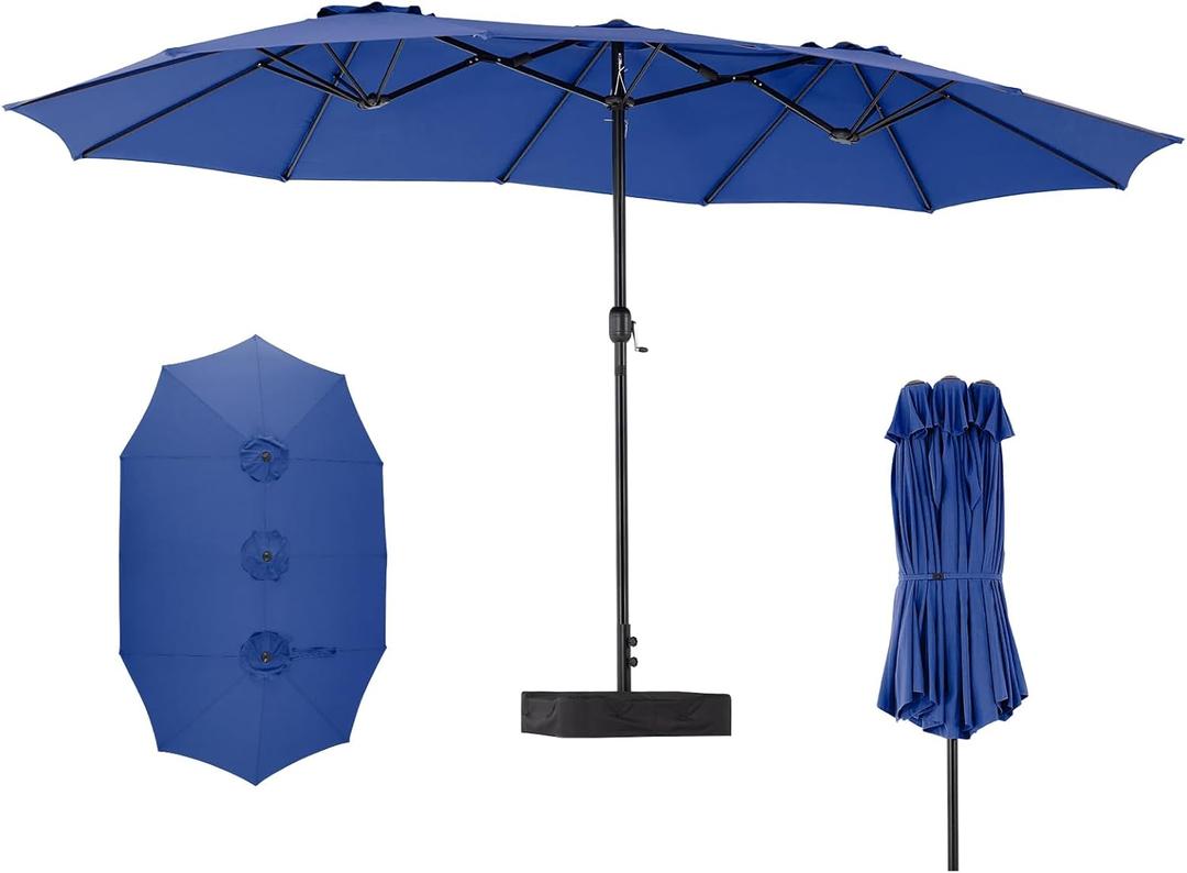 DUMOS 15FT Large Patio Umbrella with Base Included, Rectangle Table Umbrella Outdoor Patio, Outside Umbrellas for Deck, Market, Backyard, Blue