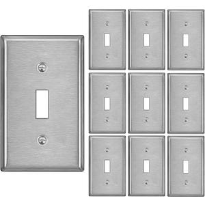 BESTTEN Toggle Switch Metal Wall Plate, 1 Gang Stainless Steel Light Switch Cover, Standard Size, Durable Corrosion Resistant, Industrial Grade, Brushed Finish, 10 Pack, Silver