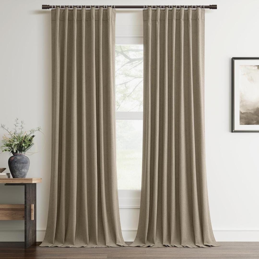 Living Room Curtains 84 Inches Long Faux Linen Room Darkening Curtain for Bedroom Boho Farmhouse Full Blackout Thermal Insulated Drapes for Nursery Room Divider Thick Linen Cotton Textured Brown