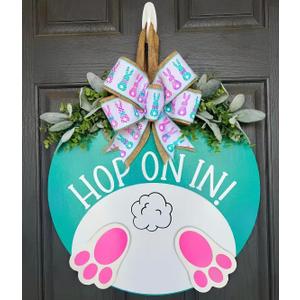 3D Easter Door Wreaths Decorations, Easter Bunny Wreaths Sign for Front Door, Wooden Door Hanger Sign with Bow Home Rustic Farmhouse Decoration Outside Indoor (Easter)