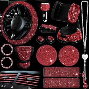 Riakrum 30 Pieces Red Bling Car Accessories Set for Women, Steering Wheel Covers Universal Fit 15 Inch, Seat Belt Cover, Phone Holder Mount, Cup Coaster Kids Women Cute