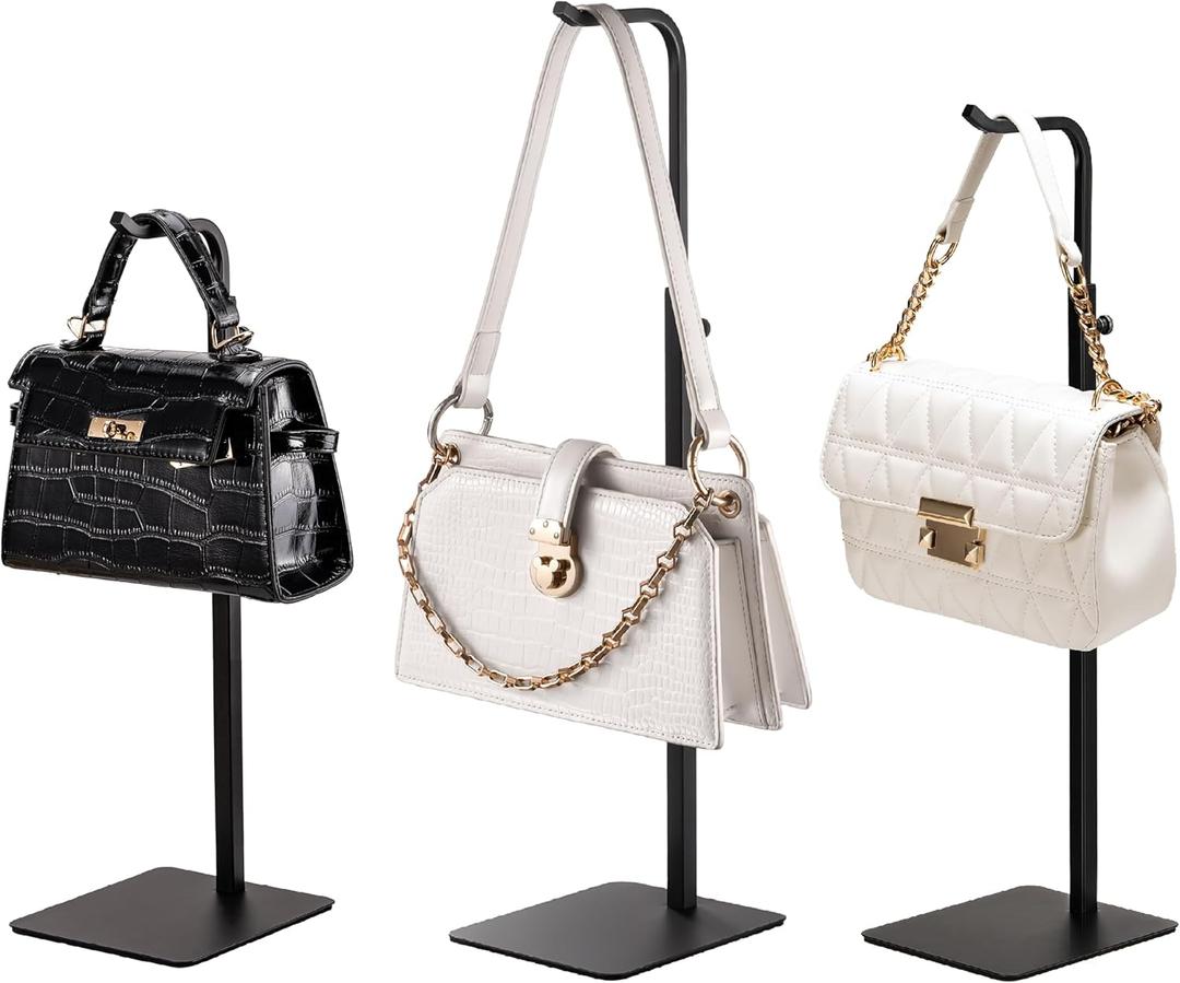 pickpiff 3 Pack Purse Holder Handbag Display Stand: Black Hanger Rack for Bags, Purses, and Wreath, Adjustable Hook Stand for Tabletop, Closet, and Retail Use for Vendors