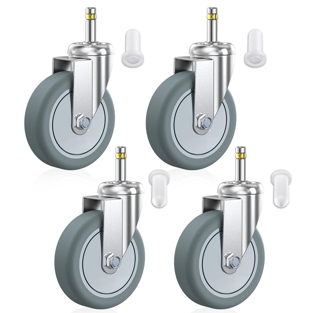 HOLKIE Stem Caster Wheels 4 inch Casters Set of 4, 7/16-Inch Stem Diameter Swivel Castors Heavy Duty TPR Rubber Replacement Castor for Cart, Stool, Mop Bucket, Grill, Shop Vac