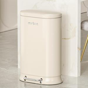 MRBIN Metal Kitchen Trash Can with Lid, 30L / 7.9gal Commercial Step Waste Basket for Bathroom, Medium Office Garbage Pail with Stainless Steel Foot Pedal for Near Desk, Bedroom, Rv, White
