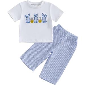 Toddler Bay Boy Girl Easter Clothes Bunny Embroidery Short Sleeve T-Shirt Tops Plaid Jogger Pants Set Spring Outfit (Blue)