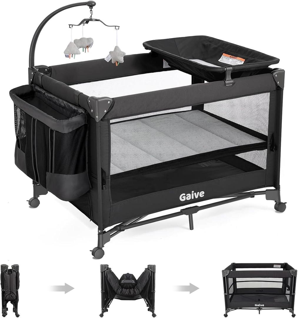 Baby Bassinet Bedside Crib, Pack and Play with Mattress, Diaper Changer, One-Push Setup Playards from Infants to Toddlers (Black) (Dark Gray)