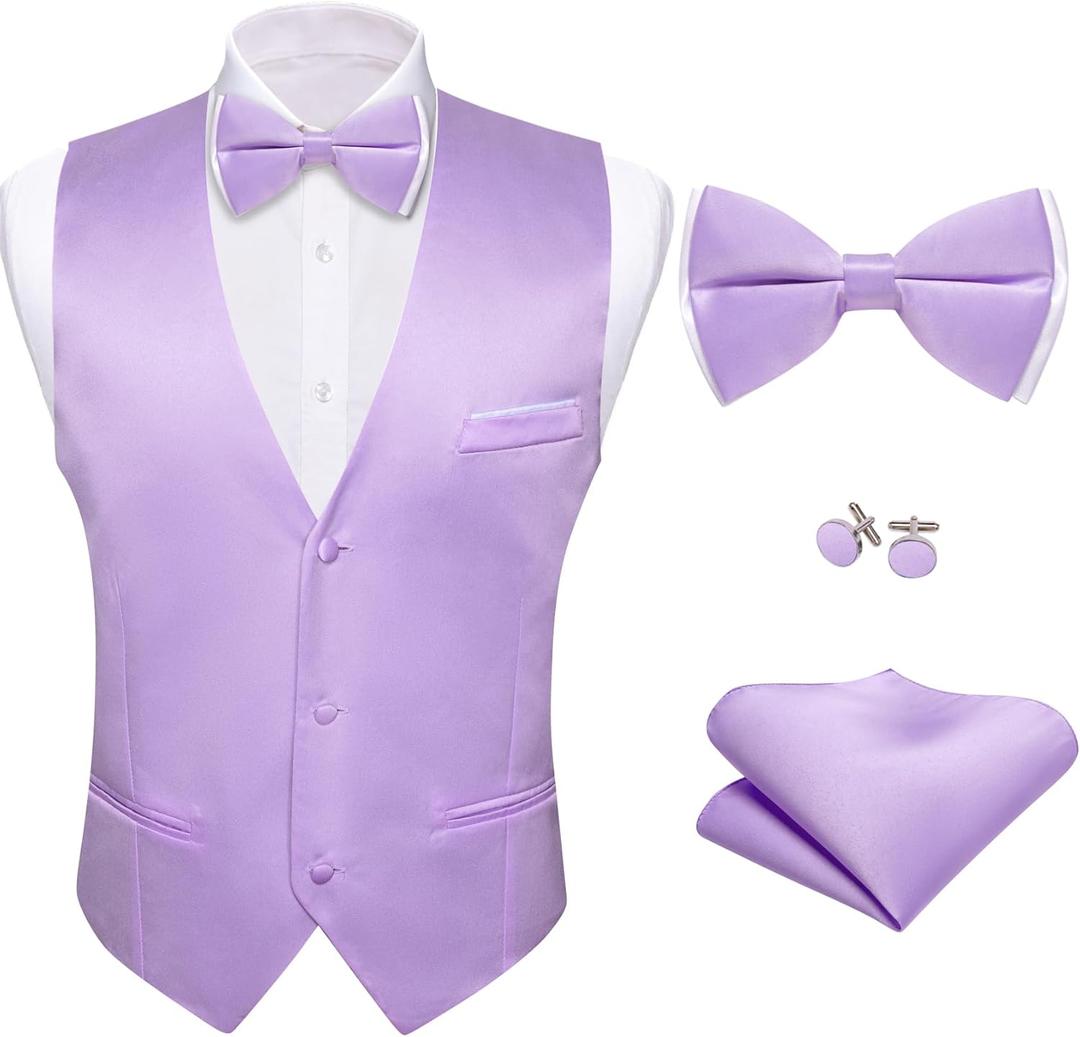 Barry.Wang Mens Suit Vest Bow Tie Set 4PCS Formal V-neck Slim Fit Casual Solid Color Waistcoat Wedding Party Tuxedo (Purple, XXXL)