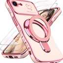 for iPhone 17e/16e Case with Screen Protector: Luxury Plated Gold Cute Wavy Edge Love Heart Pattern Kickstand Case, Slim Soft TPU Shockproof Protection Cover for iPhone 16e/17e (Pink)