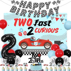 Two Fast 2 Curious Birthday Decorations - 2 Fast 2 Curious Backdrop Cake Topper, Happy Bday Checkered Flags Banner, Boys Second Birthday Party Supplies