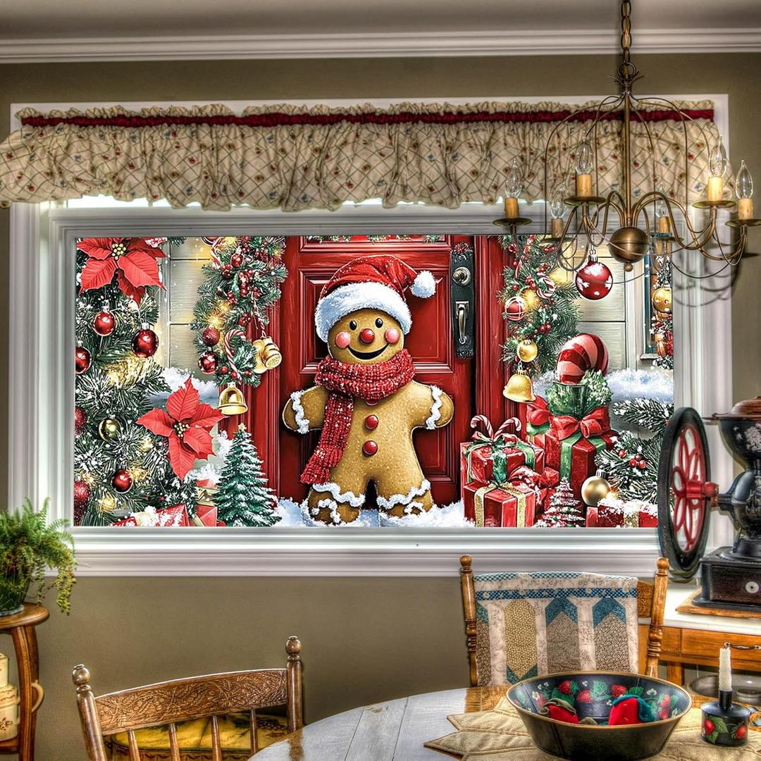 Christmas Window Film Gingerbread Man Front Door Holiday Decorations Gift Boxes Festive Privacy Glass Sticker Static Cling Window Clings for Home Party 39.3  17.7 Inch