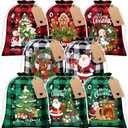 FLOE 24Pcs Burlap Christmas Drawstring Bags, 8x10in Buffalo Plaid Xmas Gift Bags w/Tag Xmas Candy Bag Medium Christmas Linen Treat Goody Gift Sacks Reusable Gifts Wrapping Bag for Holiday Party Favor (Red, Green & White Black)