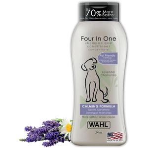 Wahl USA 4-in-1 Calming Pet Shampoo for Dogs  Cleans, Conditions, Detangles, & Moisturizes with Lavender Chamomile - Pet Friendly Formula - 24 Oz - Model 820000A