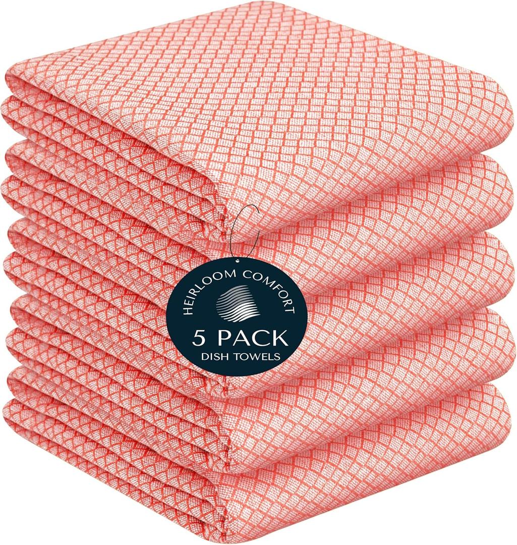 Orange Honeycomb Kitchen Towels 5 Pack, 16x26 Inch, 100% Cotton, Quick Drying, Soft & Absorbent, Reusable, Washable Dish Towels for Drying, Cleaning, Kitchen & Dining Use
