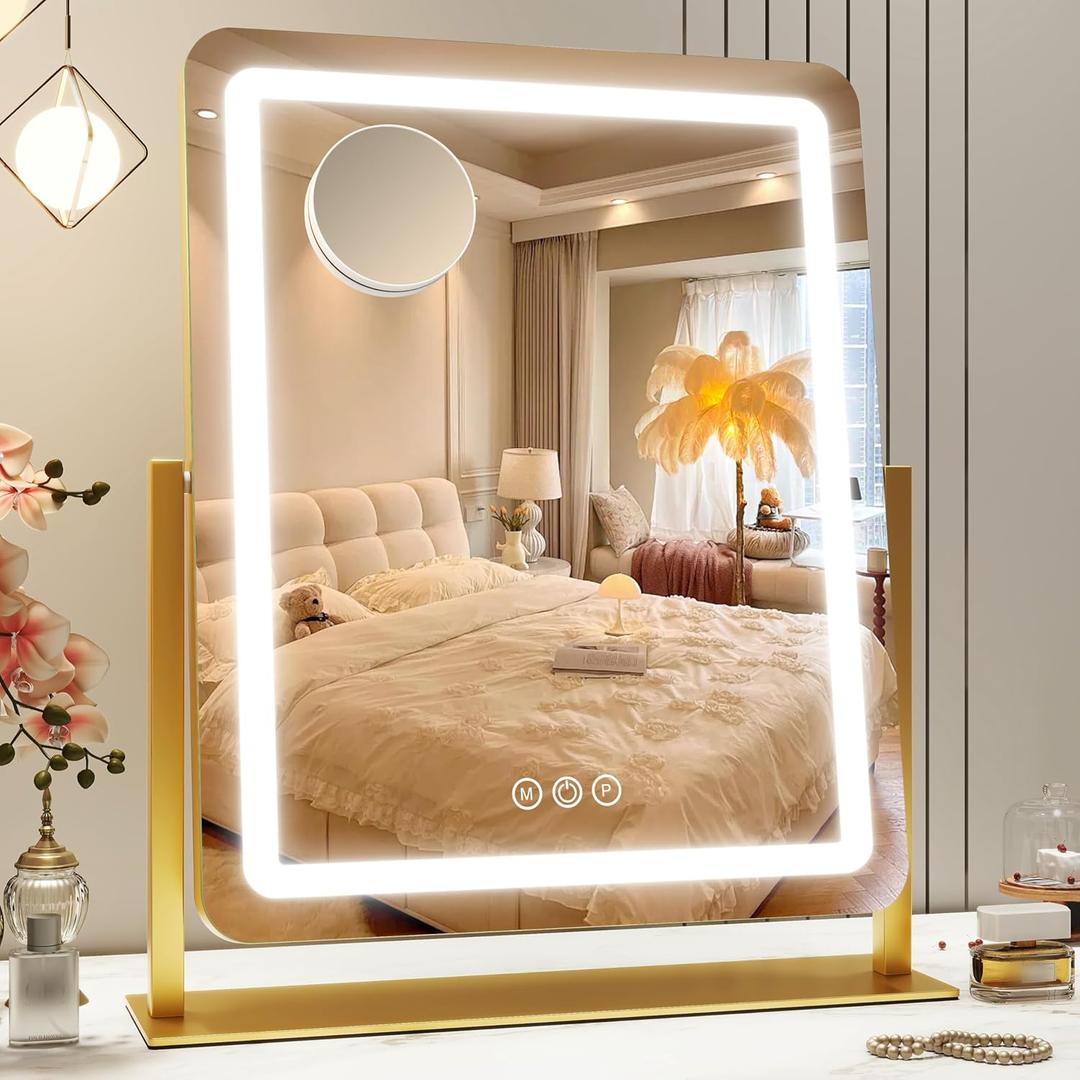 Vanity Mirror with Lights, 22"x18" LED Makeup Mirror with 10X Magnification, Smart Touch 3 Colors Dimmable, Light Up Mirror for Makeup Desk, 360 Rotation, Gold