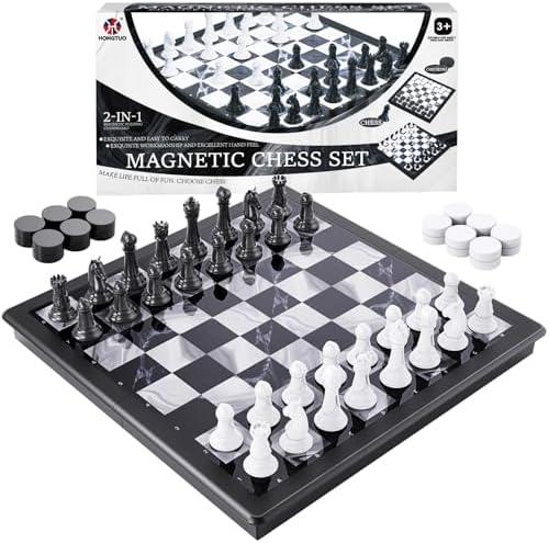 2-in-1 Chess Set and Magnetic Checkers Set - Foldable 13-inch Travel Board Game, Durable Plastic, Puzzle and Strategy Toys for Kids and Adults