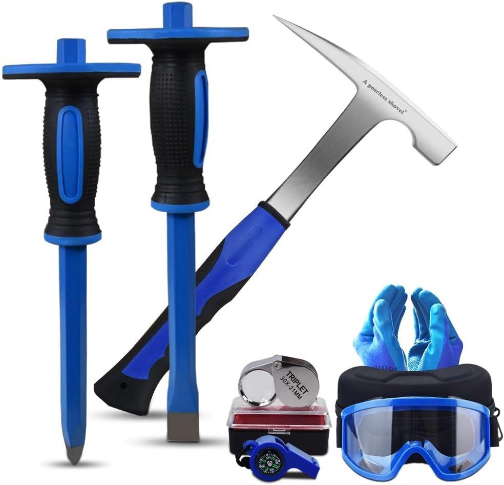 8 PCS Geology Rock Pick Equipment Kit,2 Rock Digging chisels with Protective Caps and 21oz Hammer, Digging Chisel Set, Gold mining and Tool Set for Hounding (BLUE) (Green)
