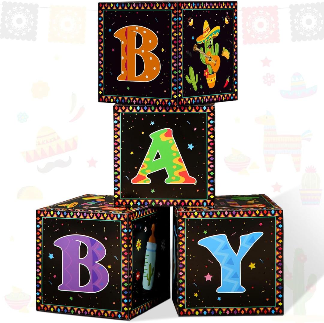 Eersida 4 Pcs Mexican Fiesta Baby Shower Decoration Baby Boxes with Letter Taco Decoration for Mexican Birthday Party Supplies