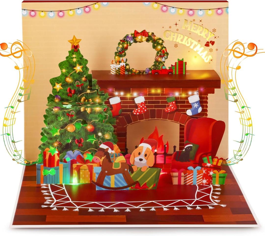 Hxezoc 3D Fireplace Music Christmas Card with Lights, Wish You A Merry Christmas Music Play Xmas Gift Cards for Family Members Friends Classmates Members Gifts Supplies