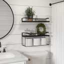 WOPITUES Floating Shelves with Wire Storage Basket, Bathroom Shelves Over Toilet with Protective Metal Guardrail, Wood Wall Shelves for Bathroom, Bedroom, Living Room, Toilet Paper-Black, 15.7 inch