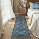 Lahome Floral Washable Kitchen Runner Rug, 2x6 Runners for Hallways | Non Slip Ultra-Thin Boho Soft Hallway Rug Forest Blue Carpet for Bedroom Bathroom Laundry Room Giverny, Blue