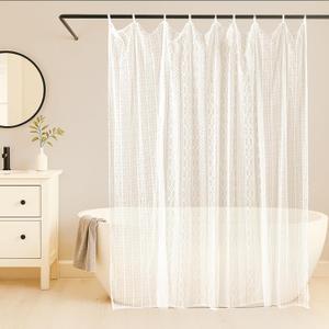 White Lace Shower Curtain:Modern Elegant Boho Cream Sheer Shower Curtains Set, Minimalist Triple Vertical Geometric Stripes Design, Rustic Aesthetic Bathroom Decor for Girls Women, 72" x 72"