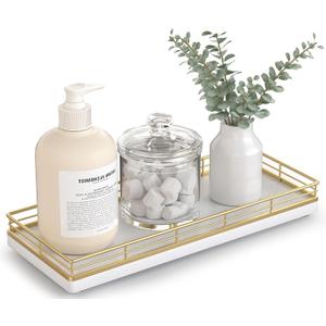 Bathroom Tray for Counter Top Organizer  Oak Wood Vanity Tray with Metal Frame for Dresser, Kitchen, Nightstand  Gold & White Decorative Storage (11" x 4.5" x 1.5")
