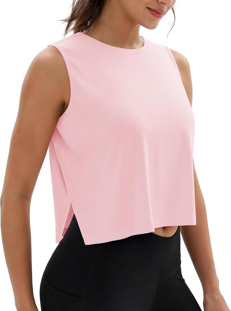 MAGCOMSEN Tank Tops for Women Crop Workout Sleeveless Tank Loose Fit Gym Yoga Muscle Top with Side Slits (Pink)