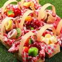Geelin 12 Pcs Mini Woven Basket with Handle and Red White Gingham Paper Napkins Wood Chip Mini Flower Fruit Picnic Basket Chip for Easter Spring Wedding Party Gift Decoration (Medium)