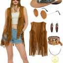 6 PC Cowgirl Western Outfits for Women Retro Cowgirl Costumes Fringe Vest Cow Girl Hat for Women Country 70s Hippie Outits (Medium, Brown)