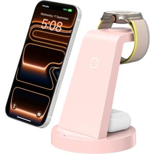 Anlmz 3 in 1 Charging Station for iPhone, Wireless Charger for iPhone 17 16e 16 15 14 13 12 11 X Pro Max & Apple Watch - Charging Stand Dock for AirPods (Pink)