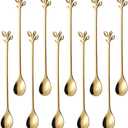 Pack of 2 AnSaw 10-Piece 7.4" Long Handle Teaspoons - Gold Leaf Design for Coffee & Tea Stirring Spoons, Elegant Stainless Steel Stir Spoons