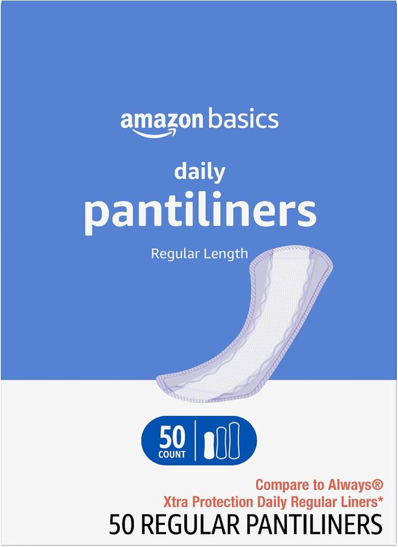 Amazon Basics Daily Pantiliner, Regular Length, Thin Absorbent Feminine Pads for Women, Unscented, 50 Count (Previously Solimo)