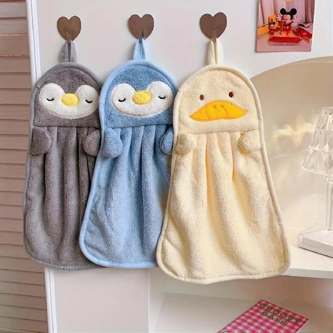 3PCS Animal Hand Towels - 14.5" x 9.8" Penguin & Duck Design with Hanging Loops | Super Soft for Kitchen, Bathroom (Grey/Blue/Yellow)
