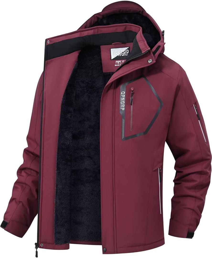 QPNGRP Men's Ski Jacket Waterproof Insulated Winter Coat 5 Zipper Pockets (XX-Large, Burgundy)