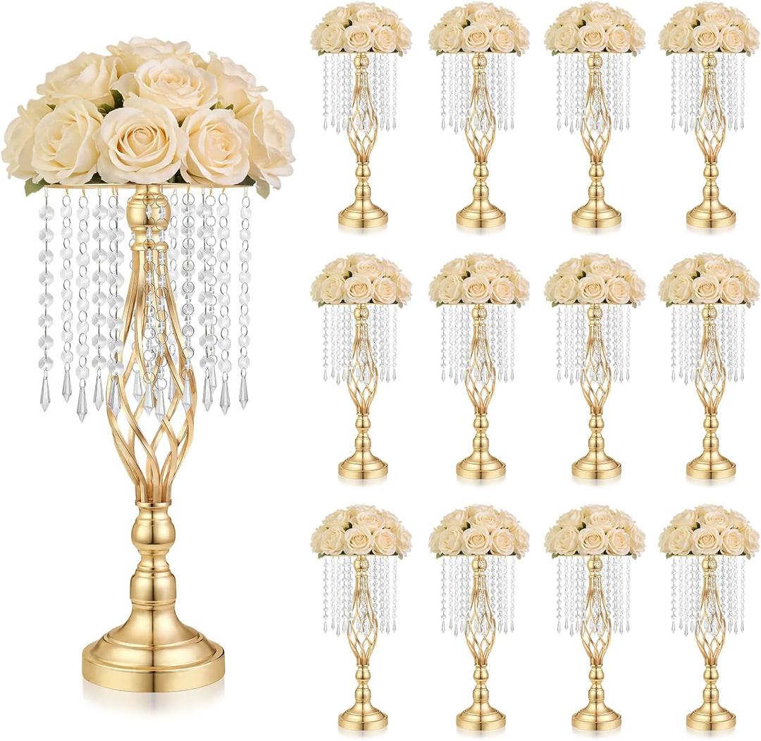 Gold Crystal Tall Vase Centerpiece Stand, Elegant Gold Flower Holder for Wedding Table Centerpieces, Perfect Wedding Reception Table Decor, Bases para Centros de Mesa, Centros de Mesa (12Pack)
