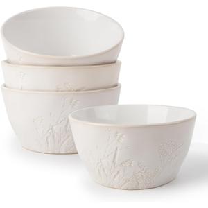 DOWAN 32 OZ Soup Bowls, Ceramic Cereal Bowl Set of 4, Large Bowls for Pho/Ramen/Pasta/Salad Bowls, Embossed Floral, Stackable Bowl Set, Microwave & Dishwasher Safe, for Mothers' Day and Housewarming